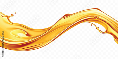 abstract 3d smooth liquid cooking, engine, olive oil and honey splashing with droplets in curve style isolated on transparent background