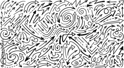 Black and white illustration of chaotic arrows and swirls