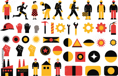Industrial labor and construction workplace vector graphic set