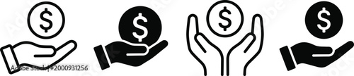 Vector icons of hands holding dollar coins in black and white