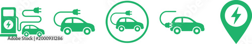 Green electric vehicle charging icons on for eco friendly transportation