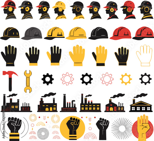 Industrial and construction site equipment vector icon collection