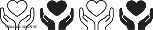 Vector illustration of hands holding hearts in black and white
