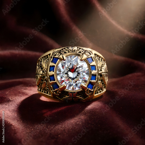 Gold ring with diamond and blue accents on velvet background  