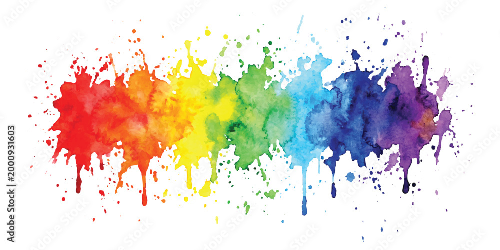 Fototapeta premium Bright rainbow watercolor paint splashes and ink drips arranged in a horizontal row for artistic design