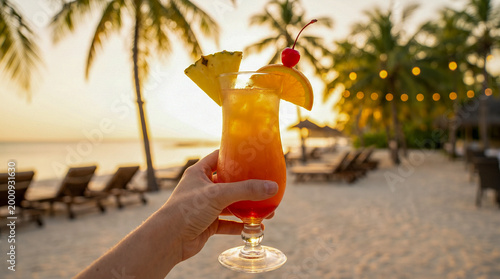 Cóctel tropical con piña, naranja y cereza, colores vibrantes, fondo de playa desenfocado, luz cálida, estilo lifestyle.