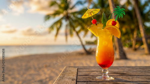Cóctel tropical con piña, naranja y cereza, colores vibrantes, fondo de playa desenfocado, luz cálida, estilo lifestyle.