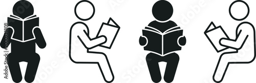 Four black and white icons of people reading books in different positions