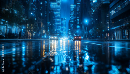 Cityscape at night with glowing skyscrapers and wet streets reflecting lights in a vibrant urban atmosphere