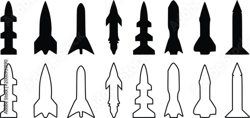 Rocket Silhouette Vector Set – Spacecraft Icons Collection with Solid and Outline Styles