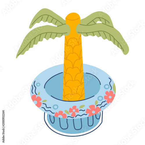 Inflatable drink cooler shaped like tropical palm with flowers. Bright summer party accessory with blue base and pink accents. Perfect for beach events, pool parties and decorations.