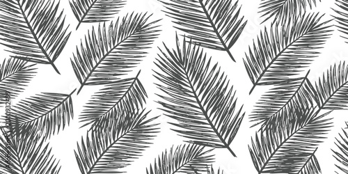 Seamless pattern with hand drawn black palm tree leaves sketch for tropical summer design and fabric print