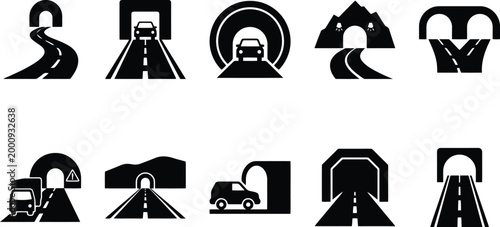 Foto Road tunnel icon set with 10 black vector silhouettes, highway mountain pass sym
