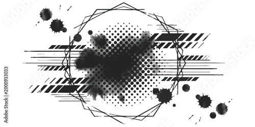 Abstract black ink splash frame with geometric lines and halftone pattern for modern graphic design projects