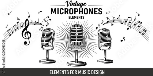 Vector set of vintage microphones with musical notes and staff for podcasting, radio broadcasting, live performance, jazz club and retro music studio design.