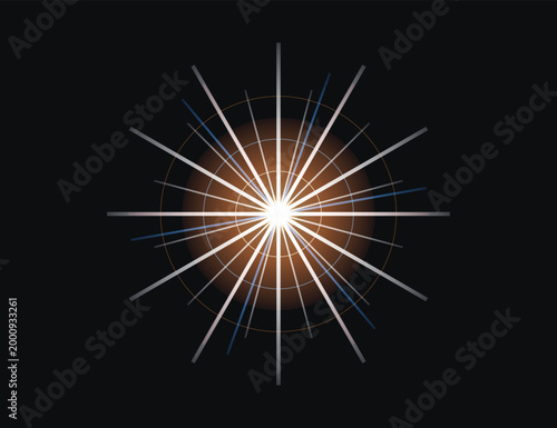 Intense Starburst Diffraction Flare with Vivid Light Spikes. High intensity starburst diffraction flare featuring numerous sharp light spikes and warm core glow.