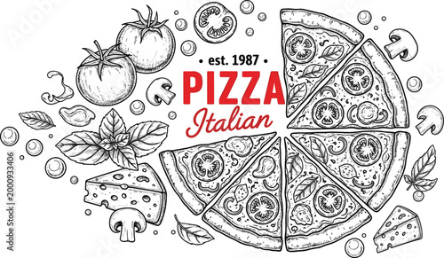 Vector illustration of Italian pizza slices with hand drawn ingredients including tomatoes mushrooms cheese and basil for restaurant menu and traditional pizzeria branding design.