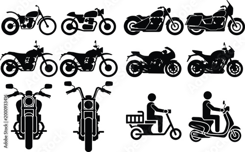 Set of black motorcycles and scooters with riders vector icons