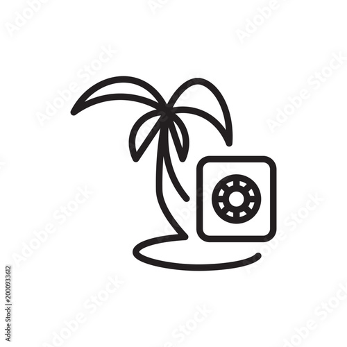 Tax haven vector icon featuring a stylized palm tree next to a secure banking vault. Perfect for representing offshore banking, wealth management, financial privacy, and global economics.