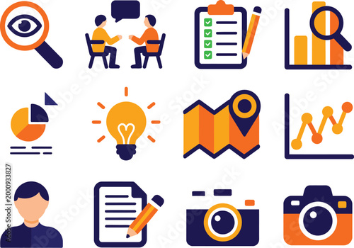 Ethnographic Research Icons Set Flat Vector Observation Interview Survey Analysis Report