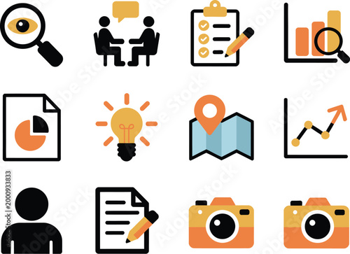 Ethnographic Study Concept Icons Collection Flat Design Research Methods Set