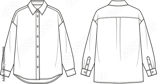 Bild auf Leinwand Oversized Long Sleeve Button Down Shirt Technical Fashion Sketch Front and Back