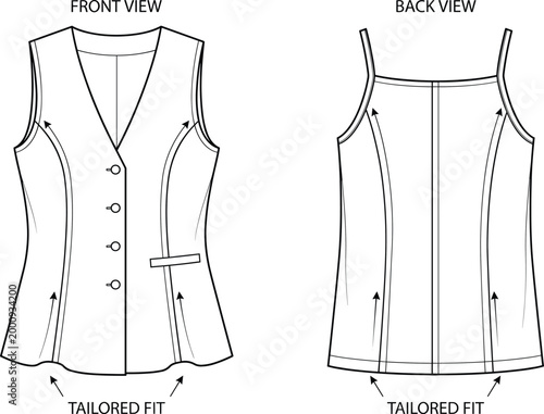 Foto Technical Fashion Sketch of a Tailored Fit Buttoned Vest and Sleeveless Camisole