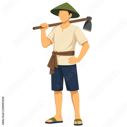 Labour Day Farmer Character with Hoe, Agricultural Worker Flat Vector Illustration, Minimalist Faceless Rural Worker, International Workers Day Concept
