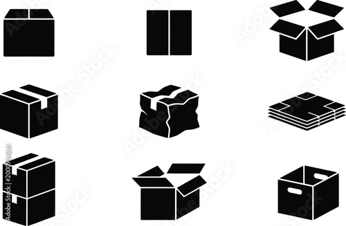 Sammlung von schwarzen Silhouetten, die verschiedene Arten von Kartons und Verpackungen darstellen, von geschlossen bis beschädigt.