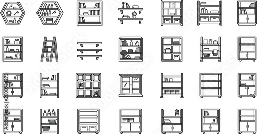 Storage shelves and furniture collection with cabinets racks bookcases and home organization units representing interior storage solutions and household design