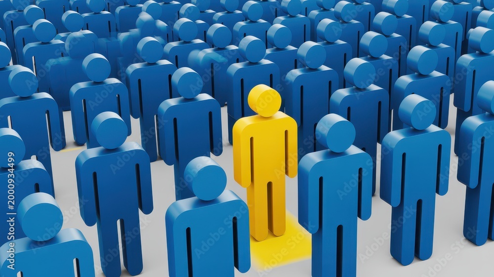 Fototapeta premium premium One yellow person standing out from a crowd of blue people isolated on white background background