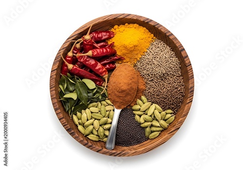 Wooden bowl with various Indian spices including chilies turmeric cardamom cumin mustard seeds.