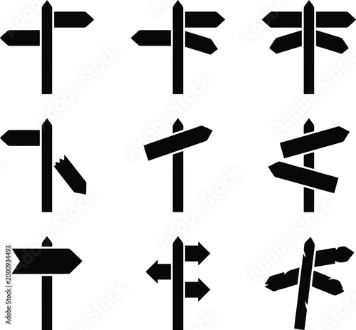 Verschiedene schwarze Silhouetten von Wegweisern und Richtungsschildern, die unterschiedliche Richtungen anzeigen.