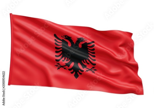 Flag of albania, featuring a black doubleheaded eagle centered on a red field, depicted as a waving fabric banner isolated on white background