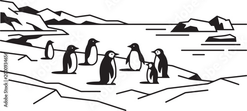 Group of penguins standing on icy shore with mountains and ocean in background, line art illustration