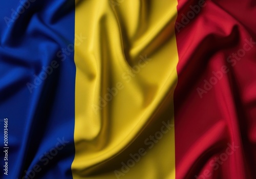 Flag of romania, a sovereign state in southeastern europe, featuring vertical stripes of blue, yellow, and red, captured with a realistic fabric texture