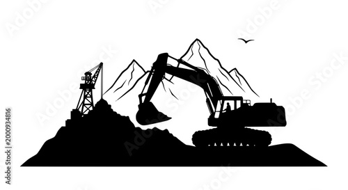 Excavator and crane silhouette with mountain landscape
