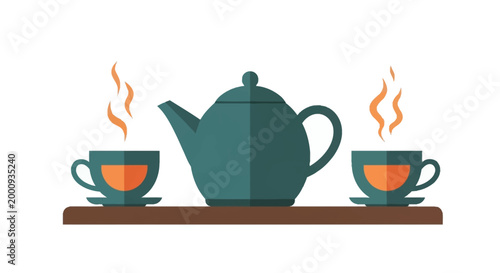 A teal teapot sits on a wooden shelf between two steaming cups of tea, creating a cozy beverage scene.
