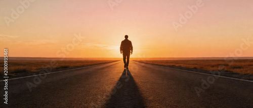 A lone person walks down an empty road at sunset, casting a long shadow with the warm, colorful sky stretching over a vast open landscape.