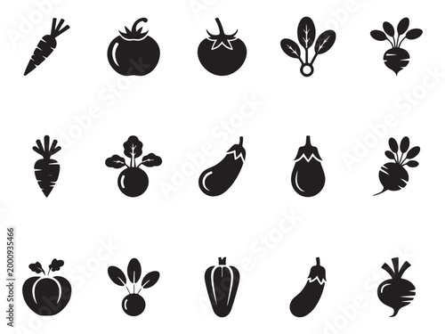 Vegetables Line Art Icon Collection Silhouette Vector Illustration, Black Healthy Food Symbols, Garden Veggies Graphic Elements for Grocery and Nutrition isolated on White Background