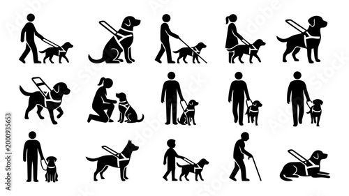 Guide Dog and Blind Person Icon Set – Assistance Dog and Accessibility Silhouette Symbols