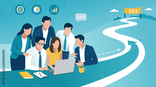 Teamwork and growth. Illustration of a diverse business team collaborating around a laptop, gathered in the foreground with a winding road stretching into the distance toward a financial goal.