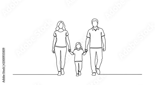 Continuous line drawing of a happy family walking together.