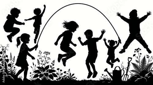 Group of Happy Children Playing Jump Rope Outdoors Silhouette.