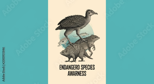 Illustration of various endangered species stacked on top of each other, promoting awareness.