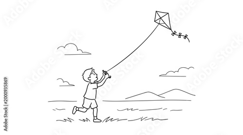 A young boy happily flying a kite in a hand drawn sketch style.