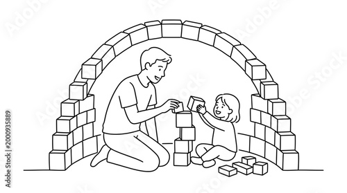 Father and daughter playing together with building blocks inside a toy fort.