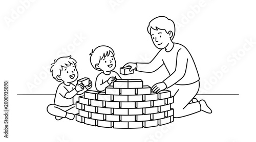 Father and two young sons building a brick wall together.