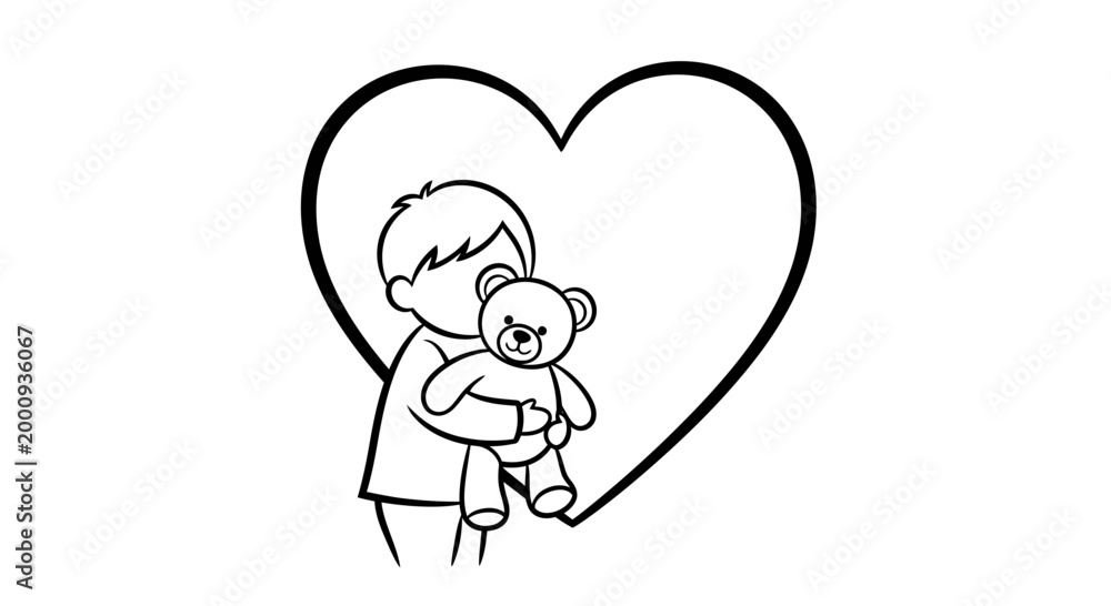 Fototapeta premium Black and white line art illustration of a young boy hugging a teddy bear in front of a large heart shape.