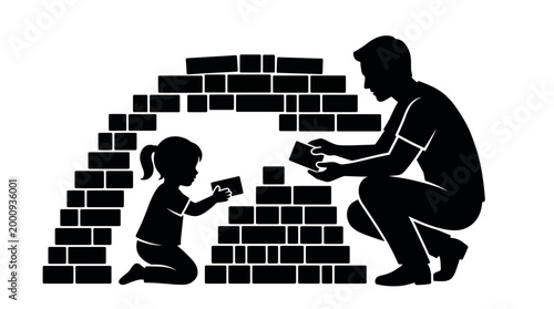 Silhouette of a father and daughter building with blocks together.